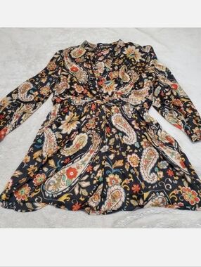 Zara Black Floral Paisley V Neck Sheer MIni Dress XL Bohemian Festival Party